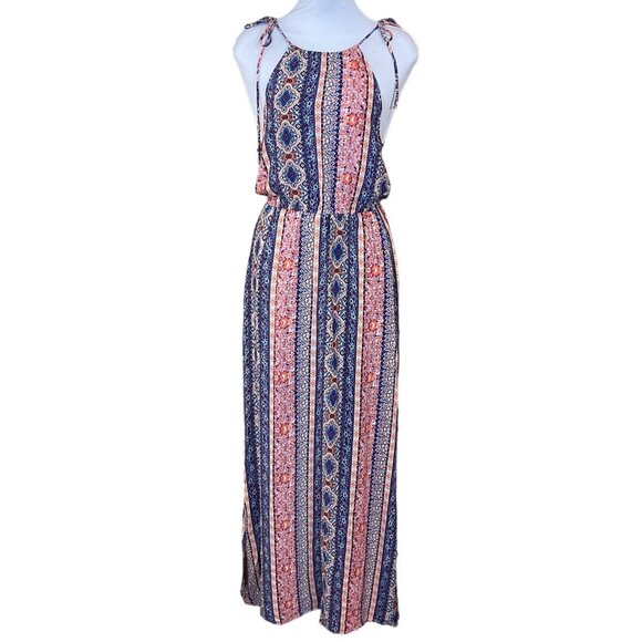 LuLus Estuary Orange Print Boho Maxi Dress Elastic Waist Side Slits Adj Ties SM - Picture 1 of 13